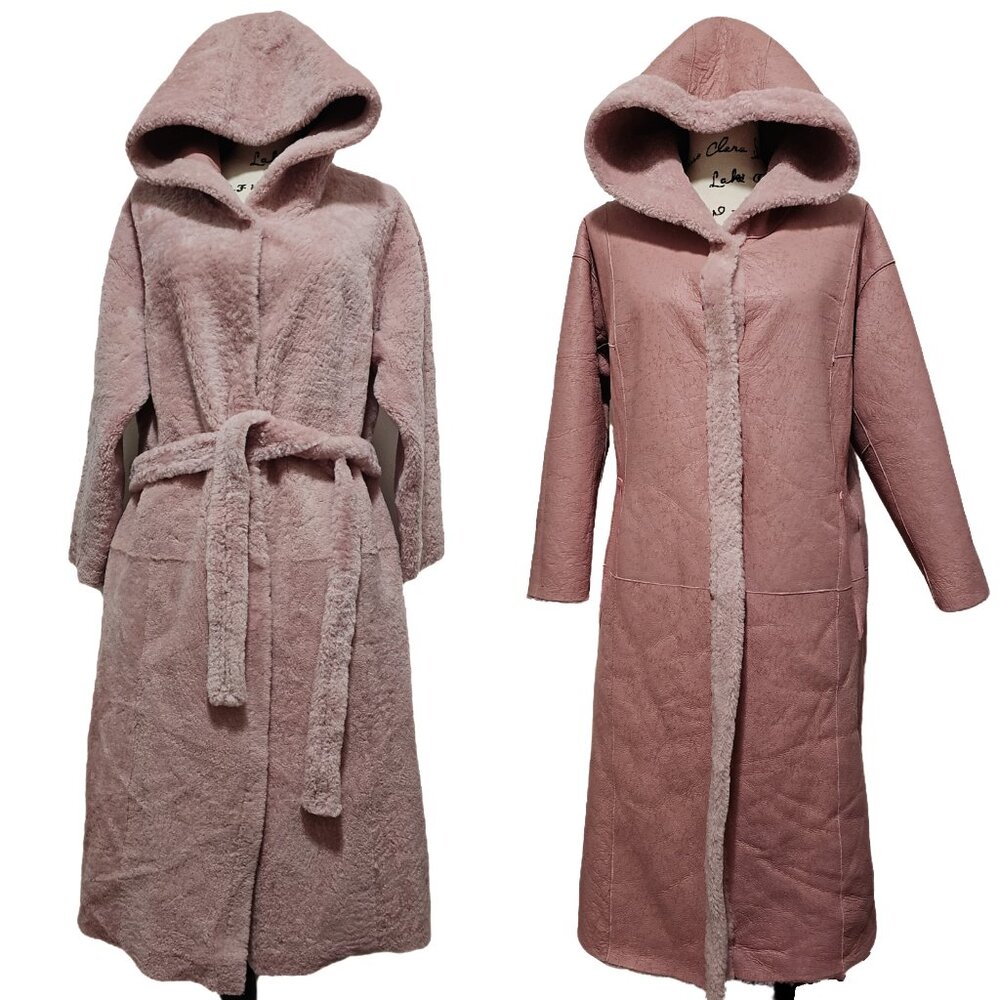 NewReal Lamb Fur Shearling Sheepskin Coat Jacket Wrap Robe Hood Belt Reversible